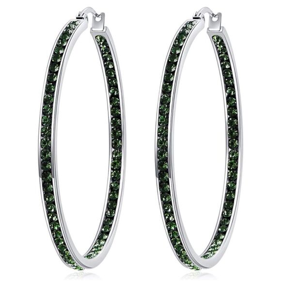 14K White Gold with Emerald Green Cubic Zirconia Big Hoop Latch Back Earrings - Picture 1 of 6